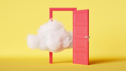 Wall Mural - 3d animation of white cloud flies through the open red door inside the empty yellow room, surreal dr