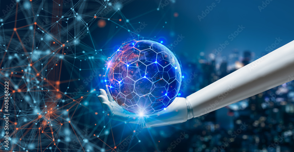 AI,Artificial Intelligence,Big data,iot concept.Robot android hand holding world and network wireless.5G network and internet of things on city background.Elements of this image furnished by NASA. - obrazy, fototapety, plakaty 