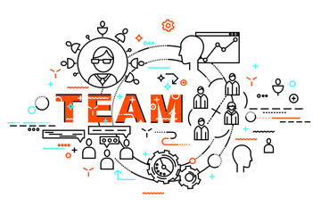 Flat Style, Thin Line Art Design. Set of team development, web site coding, information and mobile technologies icons elements. Modern concept collection. Steps Options