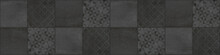 Black Anthracite Dark Grunge Seamless Vintage Retro Geometric Square Mosaic Motif Cement Concrete Stone Tiles Texture Background Banner Panorama