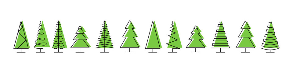 Wall Mural - trees pines vector icons. trees icons in a row, isolated. panorama view. christmas tree in line flat