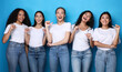 © Prostock-studio - Five Multiracial Ladies Pointing At Themselves Posing Over Blue Background