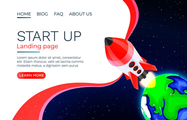 Wall Mural - Start up idea Landing page screen, development technology, rocket banner. Vector