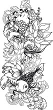 Japanese Koi Carp Coloring Book And Traditional Tattoo.Japanese Tattoo Design Full Back Body.The Old Dragon And Koi Carp Fish With Water Splash And Peony Flower,cherry Blossom,peach Blossom