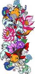 Wall Mural - Japanese koi carp coloring book and traditional tattoo.Japanese tattoo design full back body.The Old Dragon and koi carp fish with water splash and peony flower,cherry blossom,peach blossom