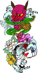 Wall Mural - Japanese koi carp coloring book and traditional tattoo.Japanese tattoo design full back body.The Old Dragon and koi carp fish with water splash and peony flower,cherry blossom,peach blossom