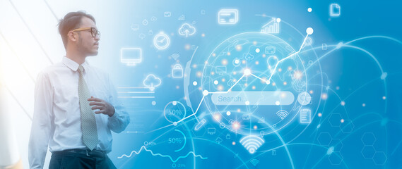 business man on modern interface icon network connection, digital online marketing and business tech