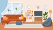 © lyudinka - Living room interior. Comfortable sofa, TV,  window, chair and house plants. Vector flat cartoon illustration.