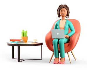 3d illustration of happy smiling african american woman with laptop sitting in armchair. cartoon ele