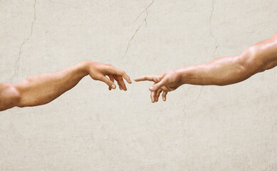 Hands reaching, Creation of Adam Michelangelo wall paintings. 3D textured illustration in the style of old renaissance oil and fresco Sistine Chapel artwork. Human relation, friendship, support symbol