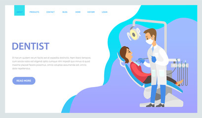 Program landing page template. Dental treatment via the Internet. Online consultation with a dentist. Doctor treats the teeth. Girl lies in the medical chair. Web Site for communication with physician