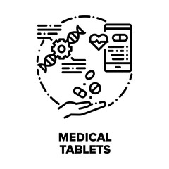 Poster - Medical Tablets Vector Icon Concept. Pain Killer And Healthcare Tablets, Medicaments For Treatment Disease And Pills Characteristics Phone App, Pharmaceutical Drug And Vitamin Black Illustration