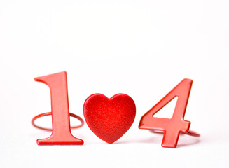 Red number 14 with red heart isolated on white background. Valentines day concept.