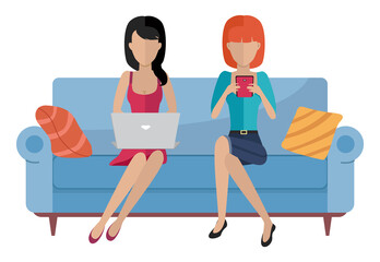 Wall Mural - The couple is sitting on the couch. Women are chatting with smartphone and laptop vector illustration. Cartoon characters are resting and spending time together at home. Girls working with electronics