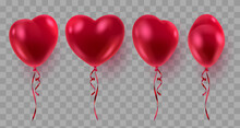 Set Of Three Red Realistic Heart Ballons, From Different Sides And Red Ribbons. Vector Illustration For Card, Party, Design, Flyer, Poster, Decor, Banner, Web, Advertising. 