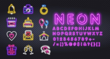 Wall Mural - Set neon icons, label, emblem. Happy Valentine's Day. Neon sign, bright signboard, light banner.