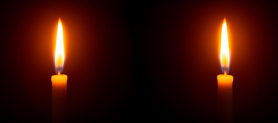 Royalty-free stock photo ID: 1813825961

Two big burning candles. Bright light on dark background. RIP darkness template. Birthday party. Romantic evening on Valentine.