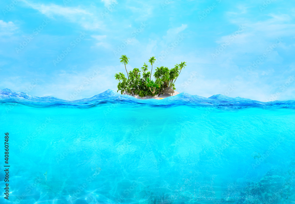 Tropical paradise island with palm trees, ocean wave surface and blue sky. 3D illustration with translucent deep underwater sea design template. Subtropical turquoise water, isle seascape background - obrazy, fototapety, plakaty 