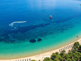 Aerial view over Koukounaries beach in Skiathos island, Sporades, Magnesia, Greece