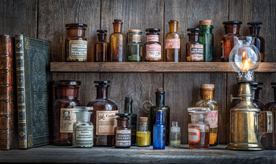 Bottles with drugs from old medical, chemical and pharmaceutical glass. Chemistry and pharmacy history concept background. Retro style. Chemical substances.