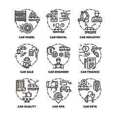 Sticker - Car Vehicle Set Icons Vector Black Illustrations. Car Wheel And Keys, Transport Industry Engineer Build Construction Quality, Sale Rental Service Finance For Buy And Gps Equipment Black Illustrations