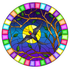 Wall Mural - Illustration in stained glass style with a swallow bird on the background of tree branches and night sky with the moon, oval image in a bright frame