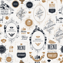 Wall Mural - Seamless pattern on the theme of restaurant or cafe menu in retro style. Repeating vector background with vintage ornate frames with curlicues, fruits, inscriptions and elegant design elements