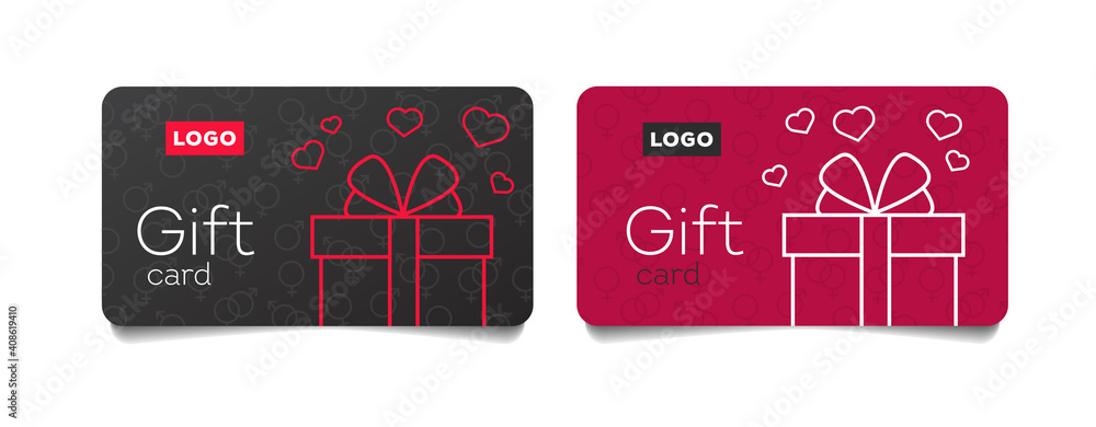 Gift cards template with linear gift box with hearts flying out, valentines day voucher for shopping - obrazy, fototapety, plakaty 
