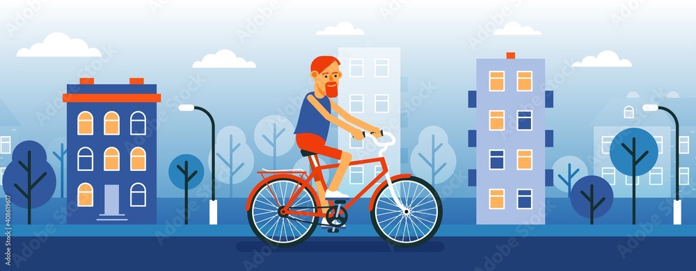 Man cyclist on the cityscape background. Hipster on a bike. Vector cartoon illustration. - obrazy, fototapety, plakaty 