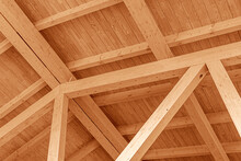 Wooden Roof Structure. Glued Laminated Timber Roof. Rafters Made Of Wood.