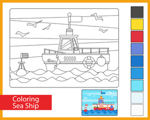 Canvas Print - Coloring sea ship. Kids worksheet. Activity page. Children art game.  Vector illustration.