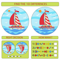 Find the difference the two sailing ship. Children funny riddle entertainment and amusement. Landscape with different boat at sea in flat style. Game kids Mathematical exercise. Vector illustration.