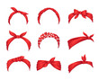 Set of retro headbands for woman. Collection of red bandanas for hairstyles. Windy hair dressing. Mockups of decorative hair knotted vintage scarves. Cute hairband or headdress vector illustration