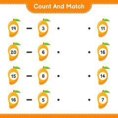 Count and match, count the number of Mango and match with right numbers. Educational children game, printable worksheet, vector illustration