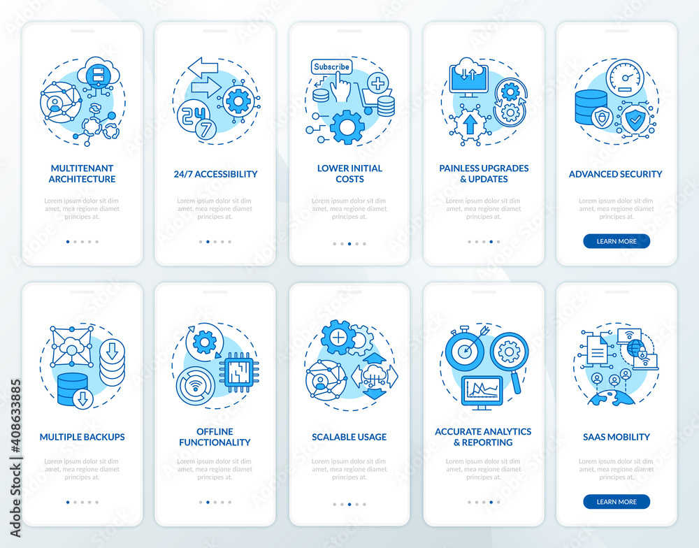 Software-as-service advantages onboarding mobile app page screen with ...