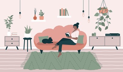 Smiling woman sitting on sofa. Relaxed female reading book in cozy room, home interior with plants, cat. Vector illustration