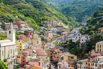 Beautiful view of Riomaggiore, a village in province of La Spezia, Liguria, Italy.