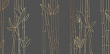 Fototapeta Sypialnia - Bamboo luxury gold line design on dark background. Gold bamboo trees walpaper for wall arts, fabric, prints. Japanese pattern vector.