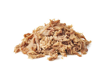 heap of pulled pork on white background