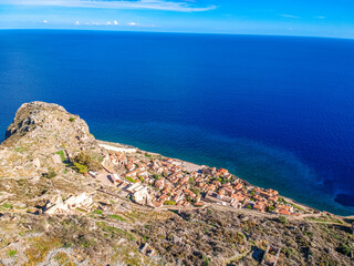 Aerial view of the old medieval castle town of Monemvasia in Lakonia of Peloponnese, Greece. Often called 