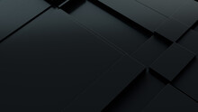 Dark tech background, with a geometric 3D structure. Clean, minimal design with simple black futuristic forms. 3D render