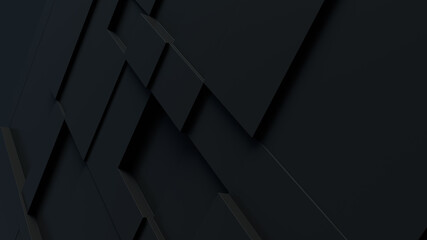 Dark tech background, with a geometric 3D structure. Clean, minimal design with simple black futuristic forms. 3D render