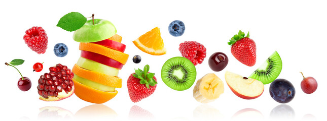 Wall Mural - Mixed fruits on white background. Stack of fruits. Falling fruits.