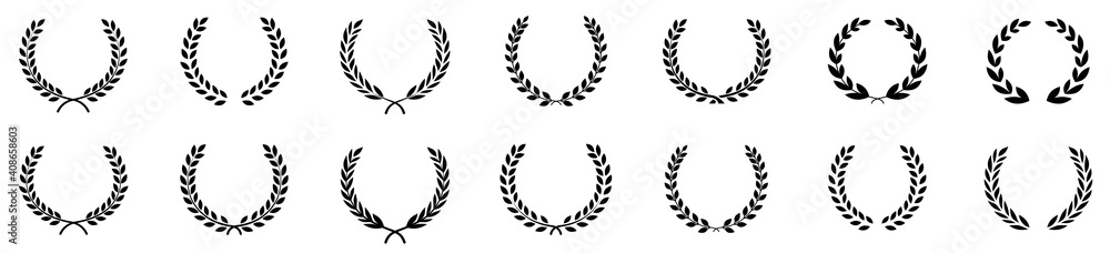 Set of black circular foliate laurels branches.Laurel wreath.Silhouette laurel wreath. Heraldic trophy crest, Greek and Roman olive branch award, winner round emblem. Vector black laurels set - obrazy, fototapety, plakaty 
