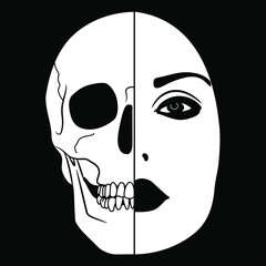 Beautiful female face half skull. Dead and alive. Juxtaposition of life and death. Vita brevis. Memento mori. Black and white silhouette. Creative conceptual art.