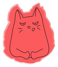 Drawn Cat In Line Style, Lies On The Background Of A Red Spot. The Element Is Isolated, On A Blom Background.