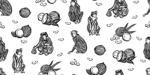 Wall Mural - Seamless hand drawn outline sketch pattern of monkey and coconut. Endless black ink vector wildlife drawing of chimpanzee isolated on white background. Stylzed jungle wild animal illustration