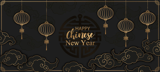 Happy Chinese New Year vector illustration with gold clouds and lanterns isolated on black background. Traditional asian decoration for banner, card, poster, brochure, calendar, flyer