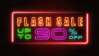 © 168 Studio - Flashing sale up to percent off colorful neon blaze sign banner in black background for promote. concept of promotion brand sale series 10-90%