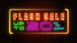 © 168 Studio - Flashing sale up to percent off colorful neon blaze sign banner in black background for promote. concept of promotion brand sale series 10-90%